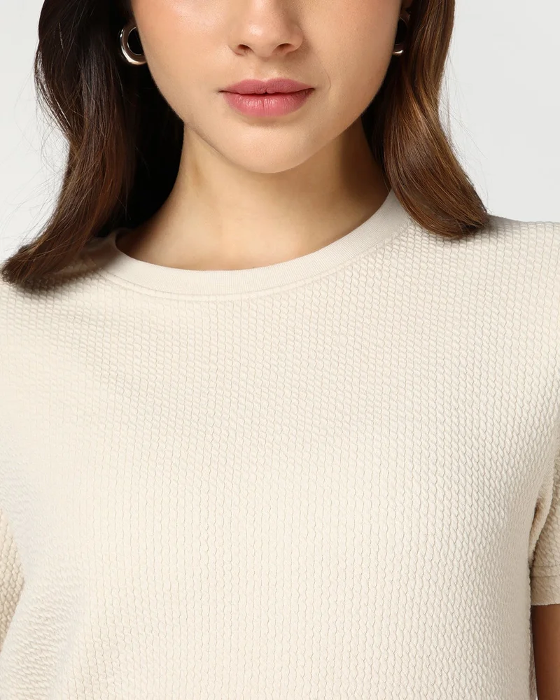 bewakoof Women's Beige Textured T-shirt